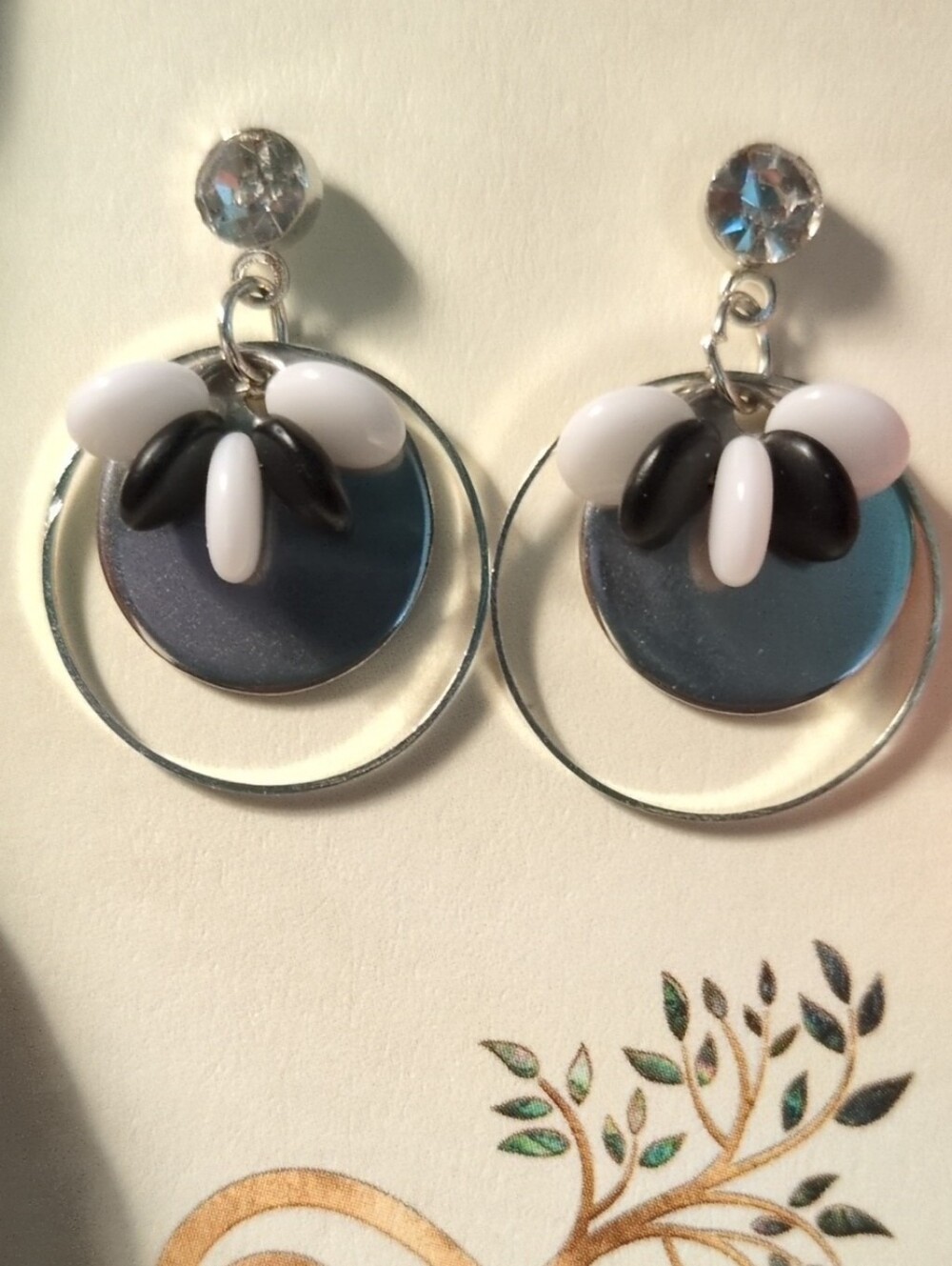 Silver Hoop Earrings with Black and White Accents